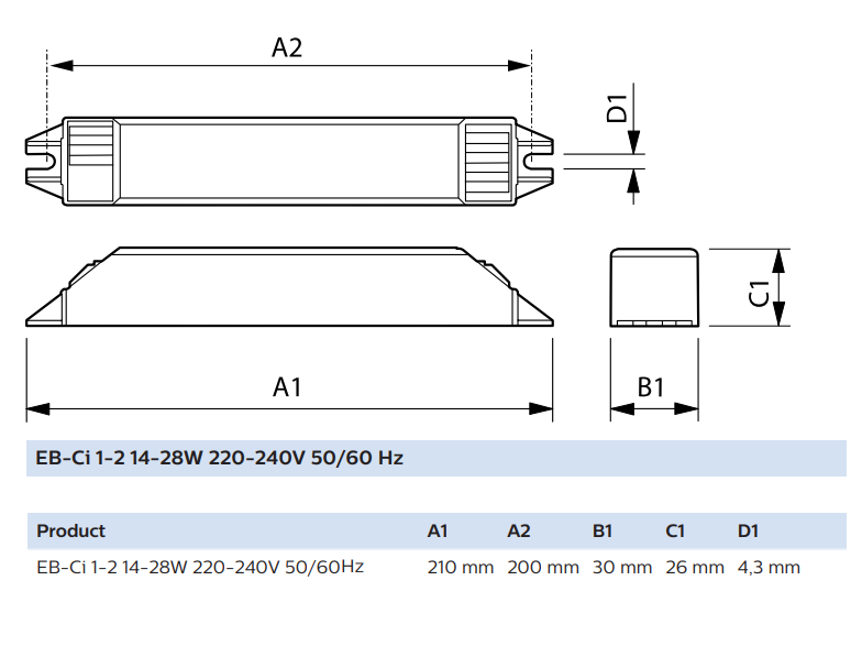 Kích thước Ballast / tăng phô/ Chấn lưu điện tử bóng đèn huỳnh quang Philisp EB-Ci 1-2 36W / 1-4 18W 220-240v 50/60Hz